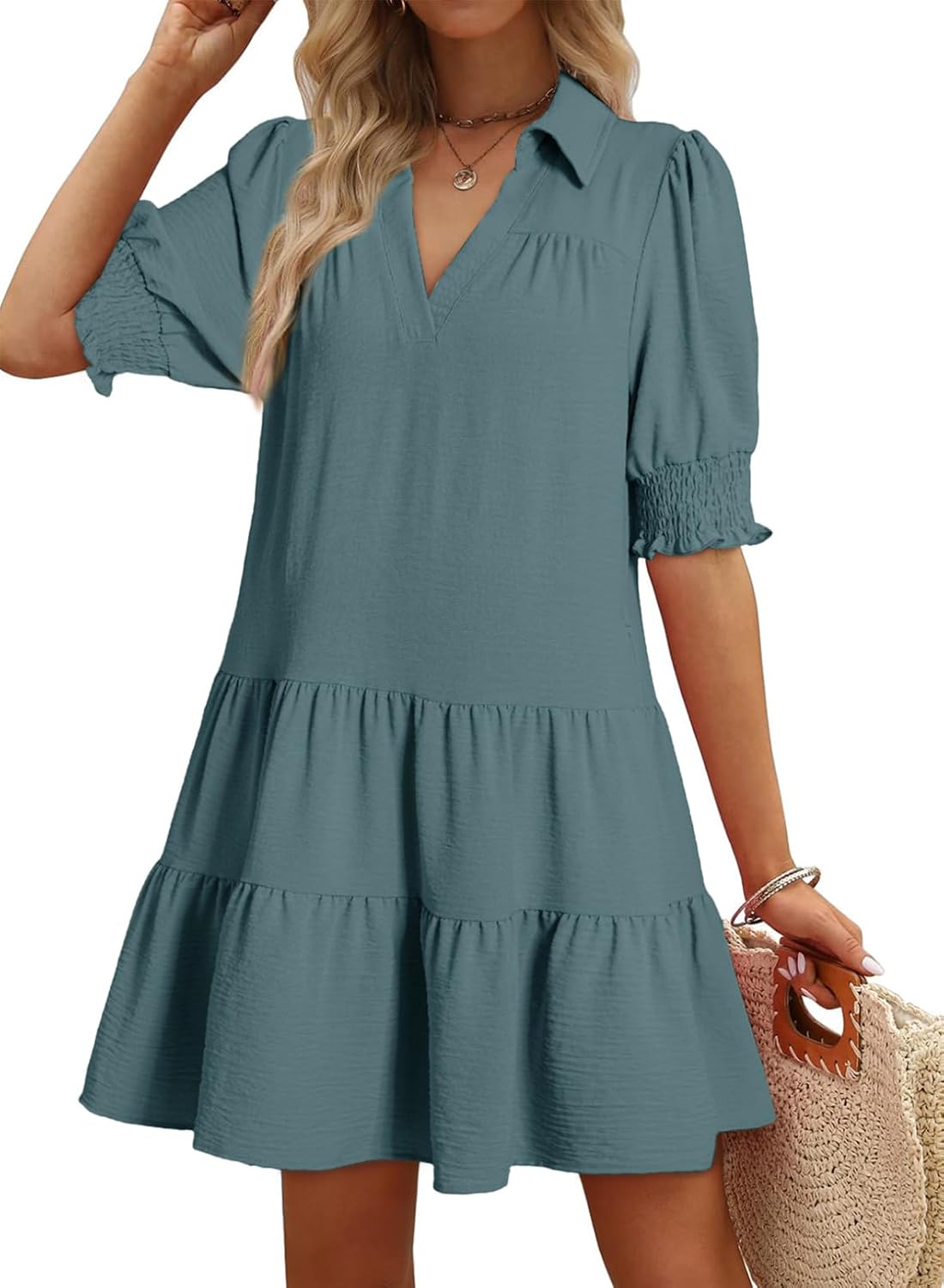 Dokotoo Casual Dresses Lapel Collared Pleated 2026 Midi Summer Dresses | Summer Fall Outfits,V Neck,Lapel Collared,Mid Sleeved,Boho Sundress,Baby Doll Dresses,Vacation,with Pockets,Loose Fit