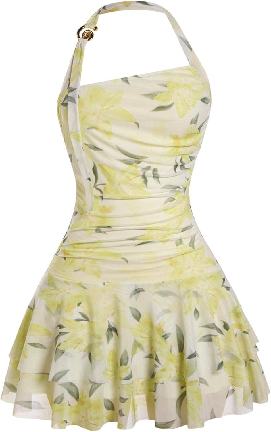 SOLY HUX Women's Hawaiian Halter Mini Dress Beach Birthday Date Outfits | Tropical Floral Print, Backless, Flowy Ruffle Hem, Brunch Picnic Dresses