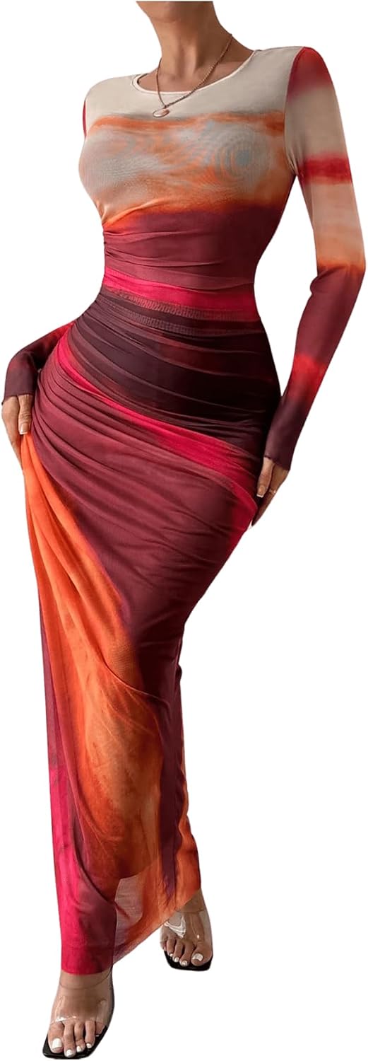 BEAUDRM Women's Fall Wedding Guest Dress Long Sleeve Cocktail Date Night Sexy Y2K Bodycon Ruched Mesh Formal Maxi Dresses