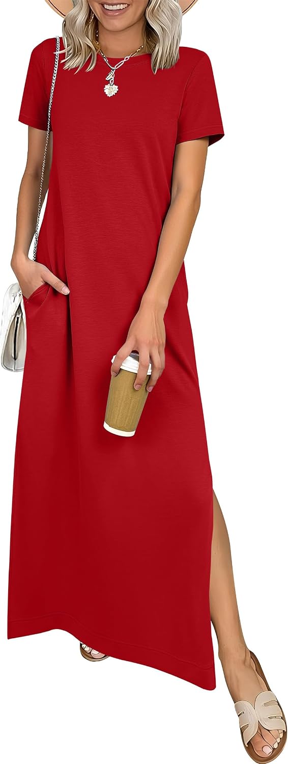 ANRABESS Womens Summer Maxi Dresses Wrinkle Free with Pockets | Air Layer Fabric, Short Sleeve Casual Travel Beach Vacation Long Dress, Crewneck Split, Comfort Work All-Day Wear Sundress