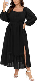 SCOMCHIC Women's Plus Size Fall Floral Wedding Guest Cocktail Maxi Dress | Square Neck, Long Sleeve, Smocked Back, Fit & Flare, Ruffle Hem A-Line, Side Slit, Long Chiffon Dress, Elegant Holiday Party