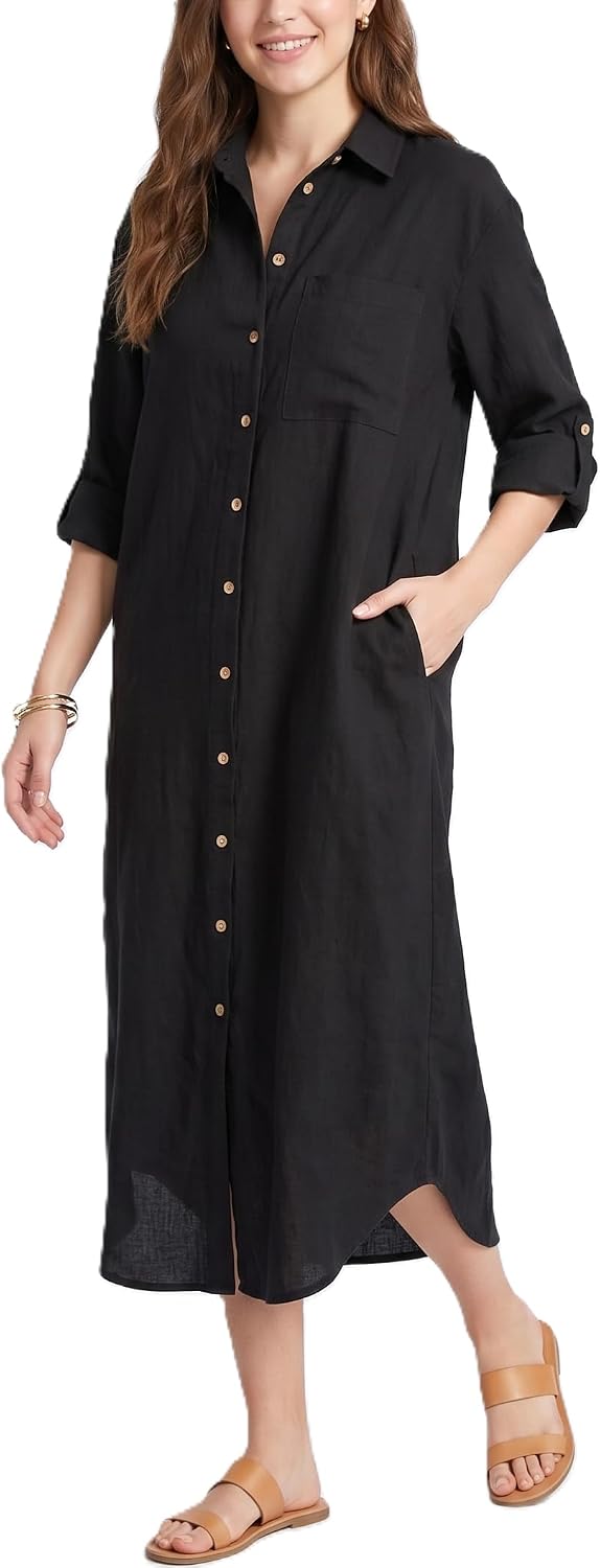 Kuraki Women's Casual Print Button Front Maxi Shirt Dress