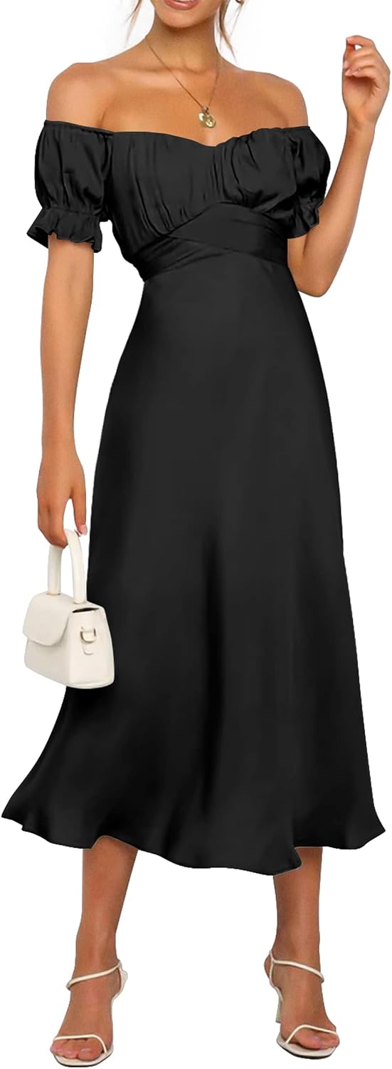 KIRUNDO Women's Satin Summer Wedding Guest Cocktail Dress | 2026 Spring Fall Party Midi Dress, Silky, Elegant Off Shoulder Short Sleeve, Ruffle Mermaid Hem, Wrap Prom Formal Outfits