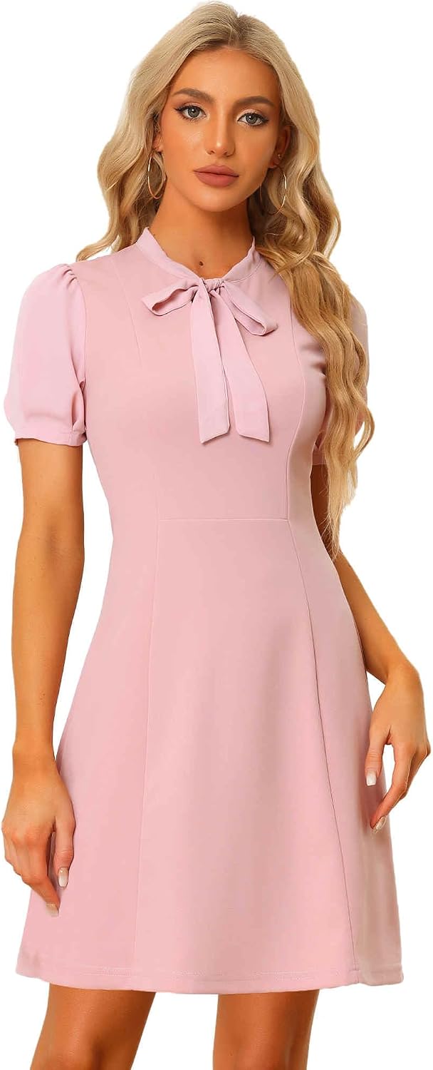 Allegra K Work Dresses for Women's Tie Neck Puff Short Sleeve Dress | Elegant Business Office Dress