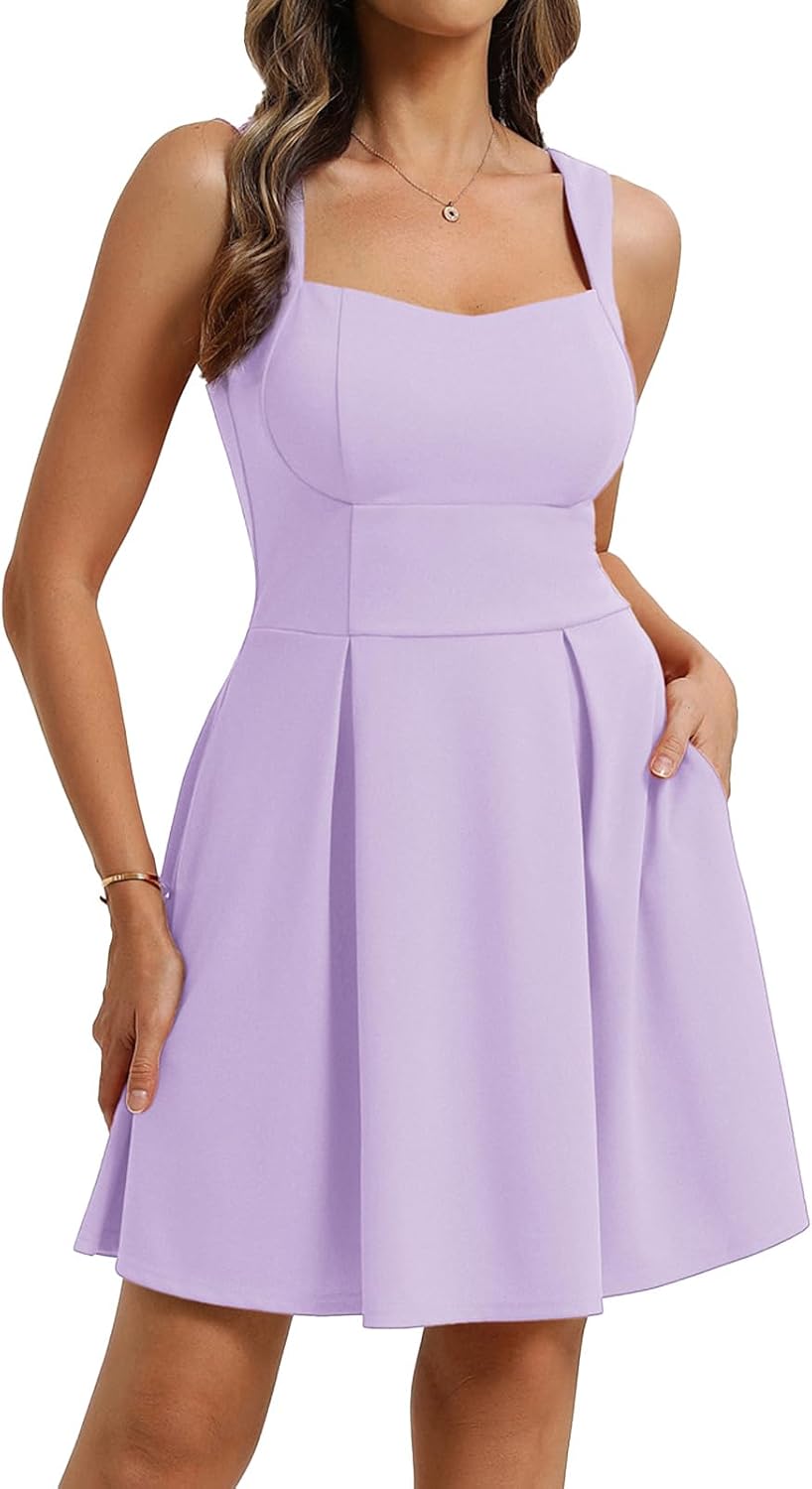 Belle Poque Women's Square Neck A Line Mini Dress with Pockets | Short Cocktail Homecoming Dresses, Semi Formal, Sleeveless, Adjustable Straps, Party, Club, Hoco, Grad, Graduation Dress