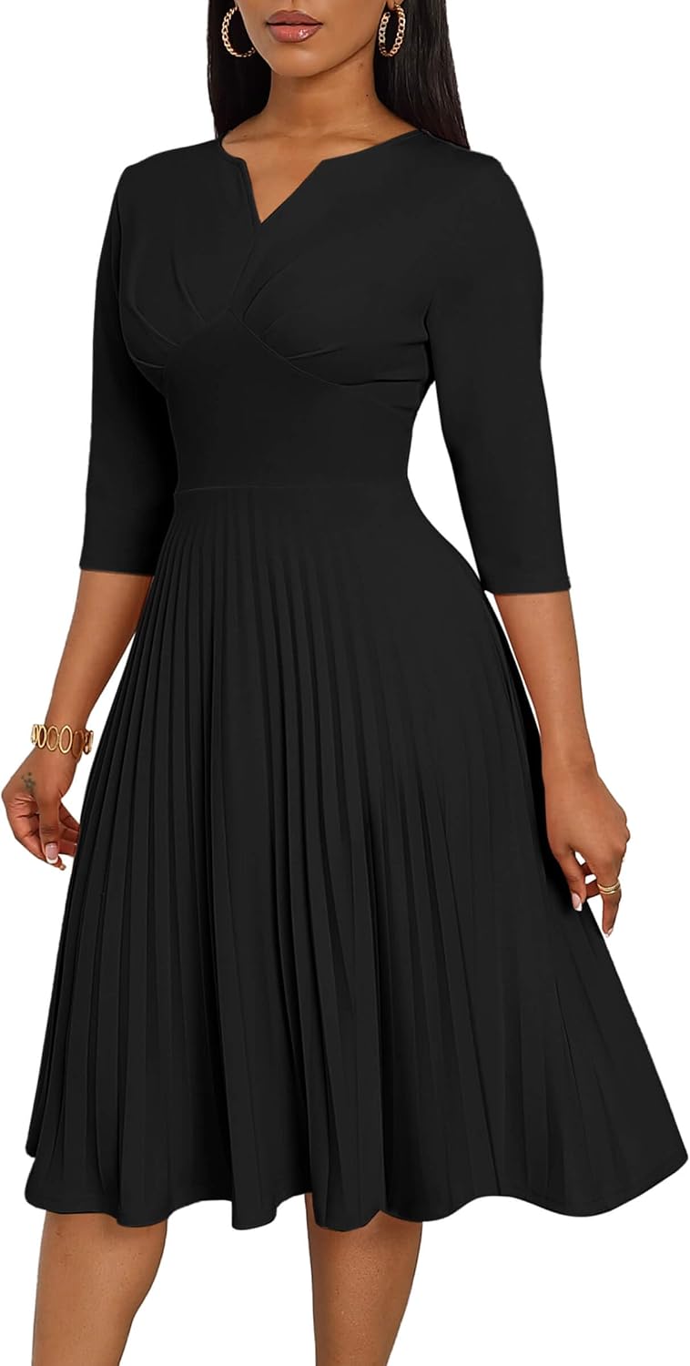 CLOCOR Pleated Midi Dress 3\/4 Sleeve Empire Waist Church Dress with Pockets | V neck back zipper A line fit and flare elegant dress\/ cocktail tea party wedding guest casual bussiness work office dress