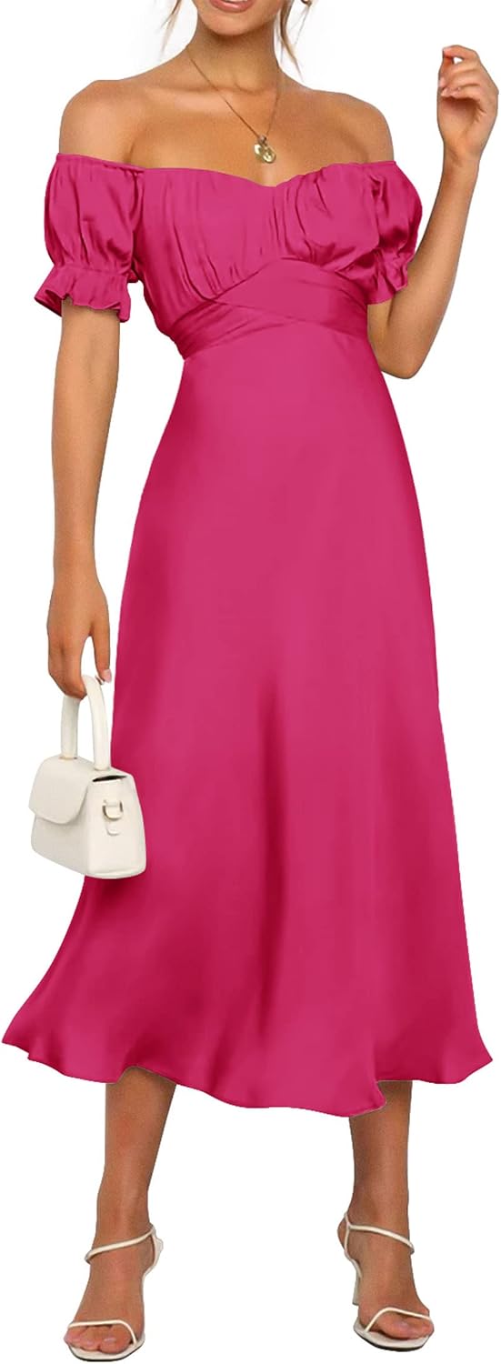 KIRUNDO Women's Satin Summer Wedding Guest Cocktail Dress | 2026 Spring Fall Party Midi Dress, Silky, Elegant Off Shoulder Short Sleeve, Ruffle Mermaid Hem, Wrap Prom Formal Outfits