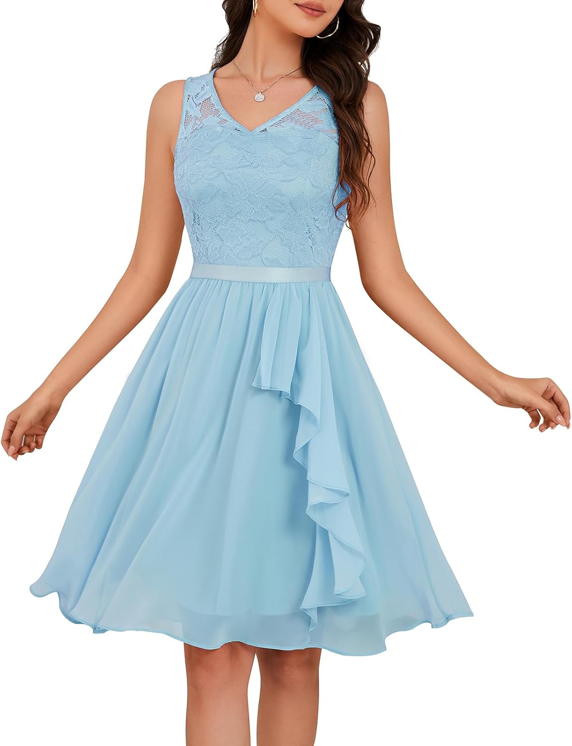 Meetjen Women's Lace Cocktail Party Dresses 2026 Formal Wedding Guest | Handkerchief Hem, V-Neck, Sleeveless, Midi, Fancy, Bridesmaid, Modest, Homecoming Dress