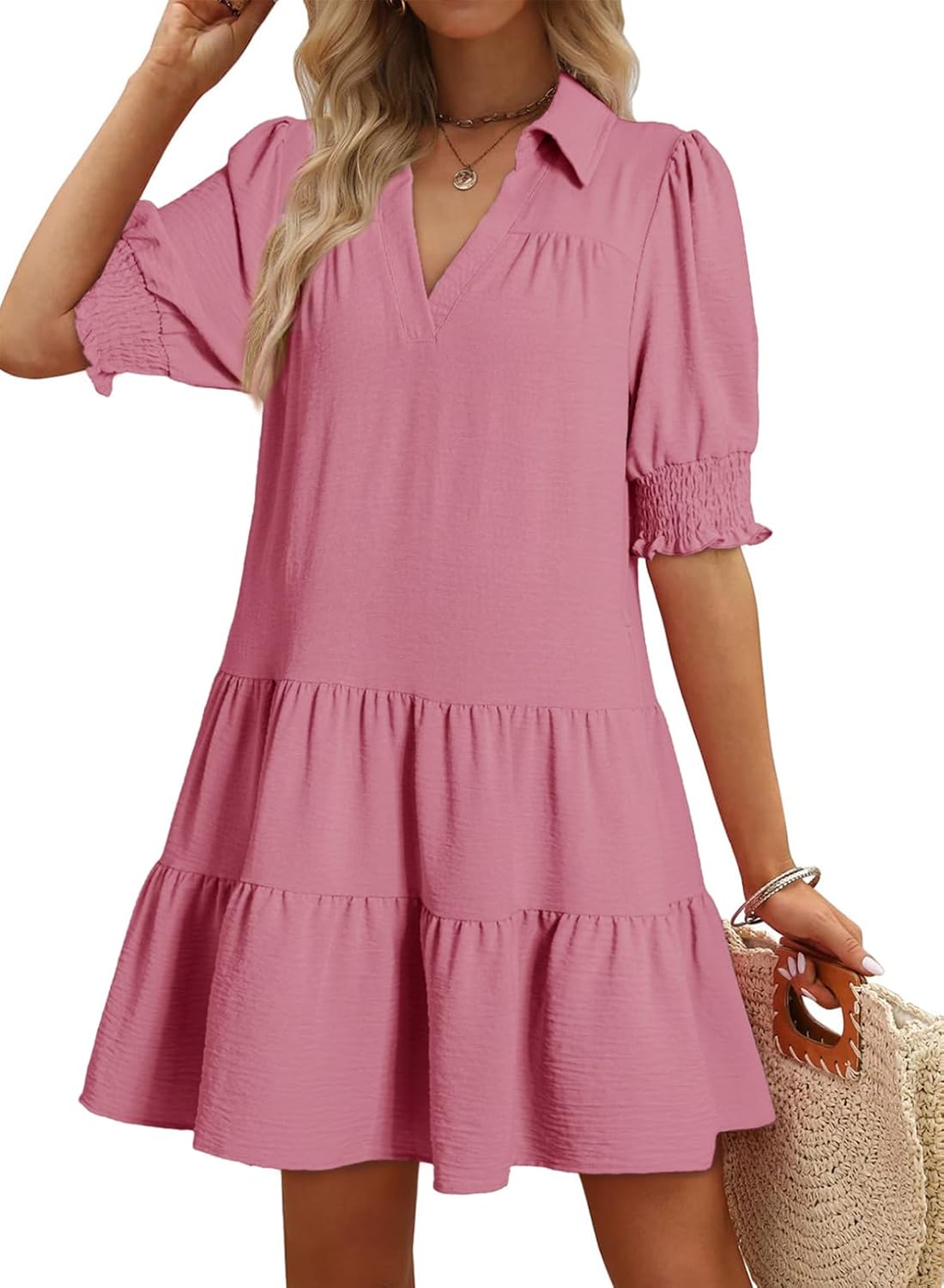 Dokotoo Casual Dresses Lapel Collared Pleated 2026 Midi Summer Dresses | Summer Fall Outfits,V Neck,Lapel Collared,Mid Sleeved,Boho Sundress,Baby Doll Dresses,Vacation,with Pockets,Loose Fit