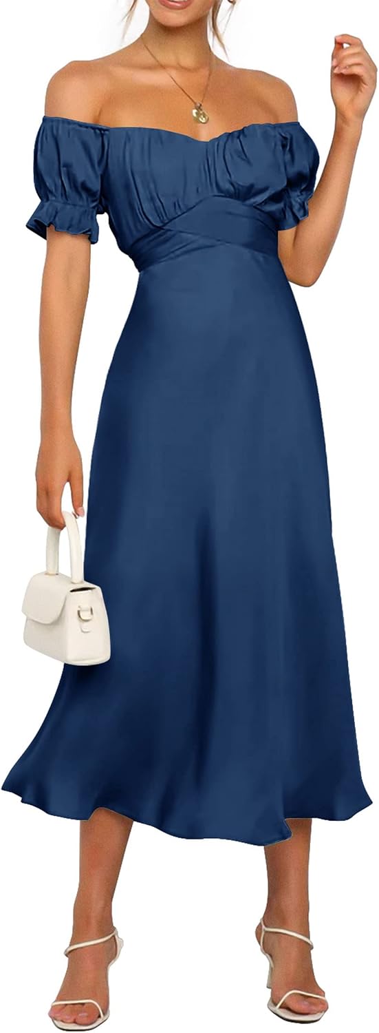 KIRUNDO Women's Satin Summer Wedding Guest Cocktail Dress | 2026 Spring Fall Party Midi Dress, Silky, Elegant Off Shoulder Short Sleeve, Ruffle Mermaid Hem, Wrap Prom Formal Outfits