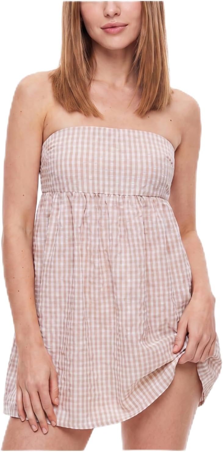 Women Strapless Gingham Tube Top Dress Summer Plaid Tie Back Mini Sundress | Backless Bandeau Dress, Ruffle Trim Flowy A-Line Short Dress, Gingham Babydooll Mini Dress with Pockets for Beach Vacation