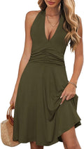 Wkior Womens Summer Halter Neck Sundress with Pocket | Sleeveless Backless Dress, Waist Ruched, Floral Boho Style, Beach Vacation Travel Outfit, Daily Casual Clothes