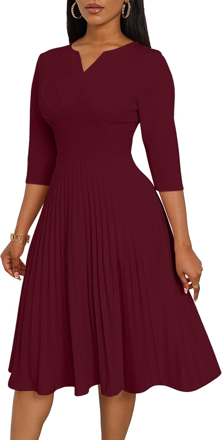 CLOCOR Pleated Midi Dress 3\/4 Sleeve Empire Waist Church Dress with Pockets | V neck back zipper A line fit and flare elegant dress\/ cocktail tea party wedding guest casual bussiness work office dress