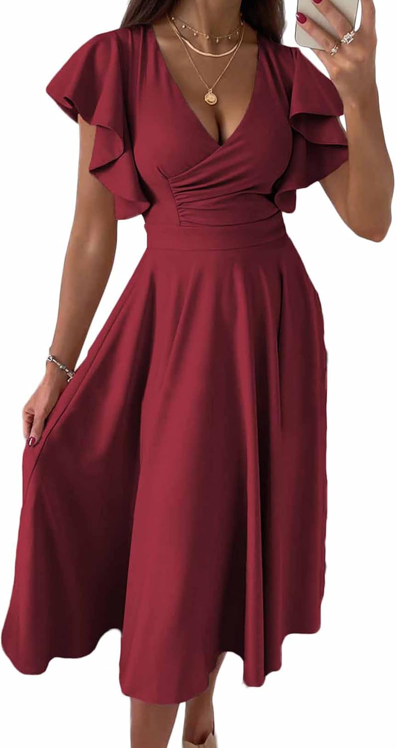 PRETTYGARDEN Women's Wrap V Neck Midi Summer Dresses | Ruffled Flutter Sleeves, Flowy Pleated A Line, High Waist, Elegant Spring Dress for Wedding Guest, Cocktail Party, Date Night