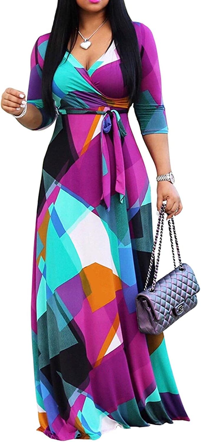 FANDEE Plus Size Maxi Dress for Women - Summer Long Dresses Casual | Women's Curvy Fit Long Dress, Semi\u2011Formal Print Fitted Wrap Dress with Pockets & Belt, 3\/4-Sleeve V-Neck