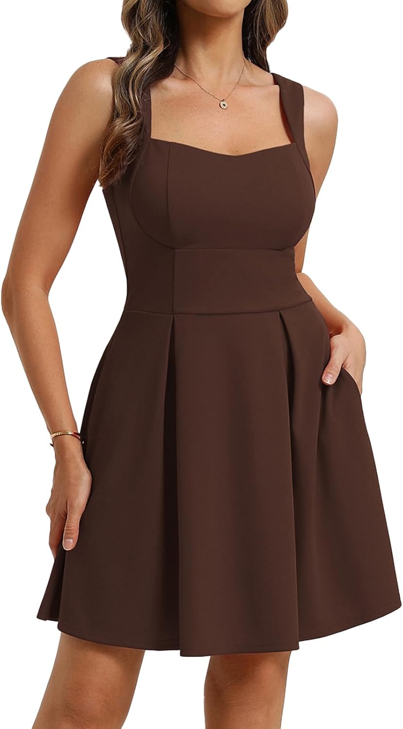 Belle Poque Women's Square Neck A Line Mini Dress with Pockets | Short Cocktail Homecoming Dresses, Semi Formal, Sleeveless, Adjustable Straps, Party, Club, Hoco, Grad, Graduation Dress
