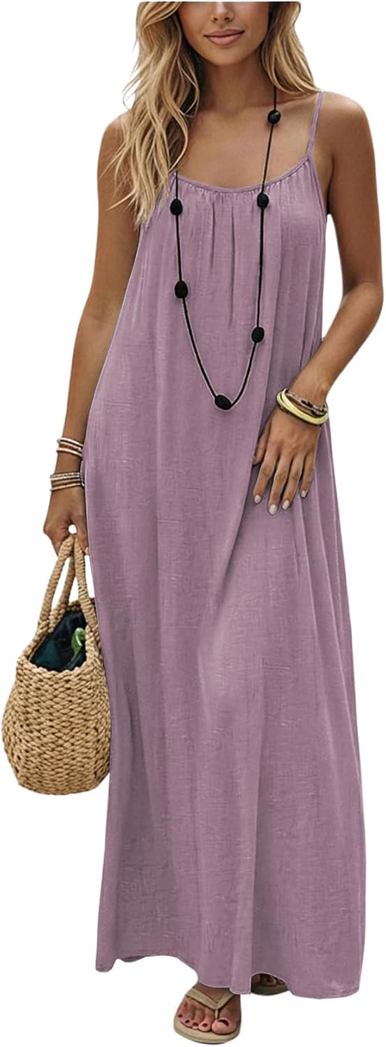 SHENHE Women's Open Back Spaghetti Strap Backless Maxi Dress Flowy Sundress | Backless Maxi Dress,Backless Cami Dress,Linen Dress.Cami Lounge Dress, House Dress