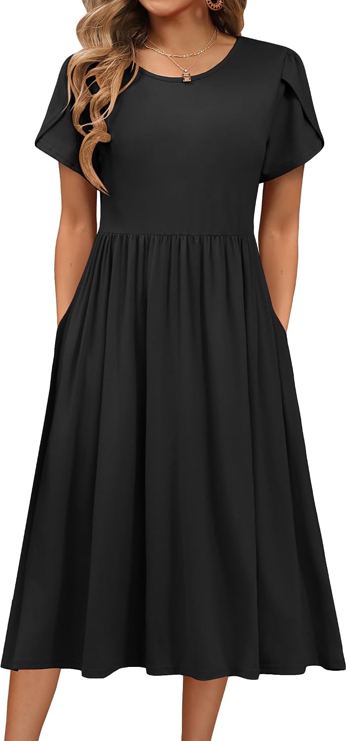 HOTOUCH Women's Summer A-Line Midi Dresses 2026 Casual Floral Short Sleeve T-Shirt Dress Flowy Beach Sundress with Pockets