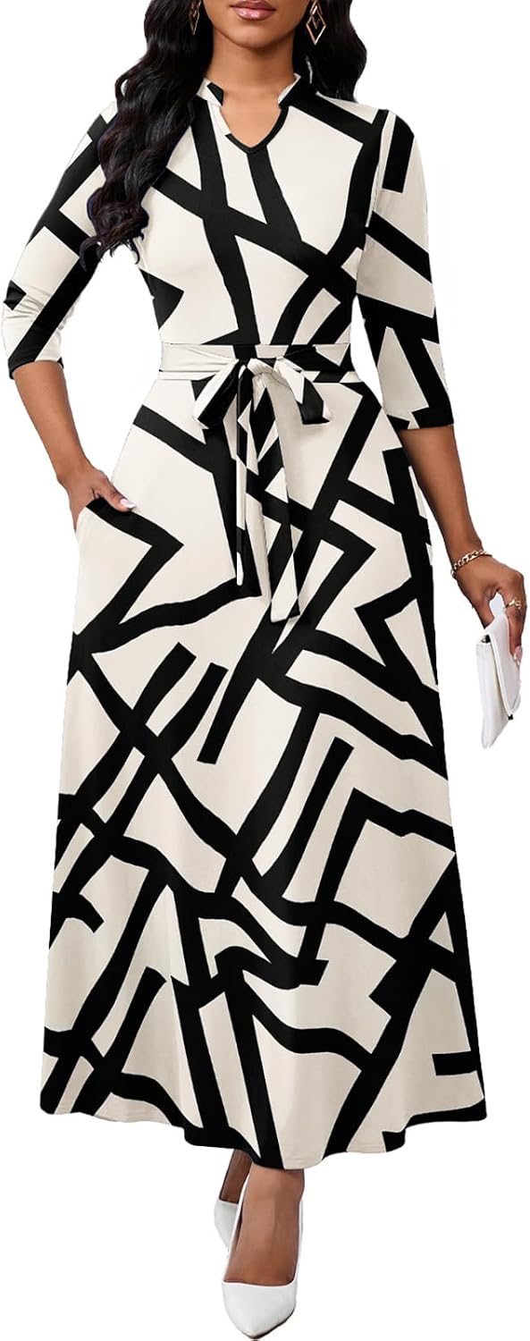 BubFee Maxi Dresses for Women Semi Formal Long Dress 3\/4 Sleeve Casual A-line Church Dresses with Pockets