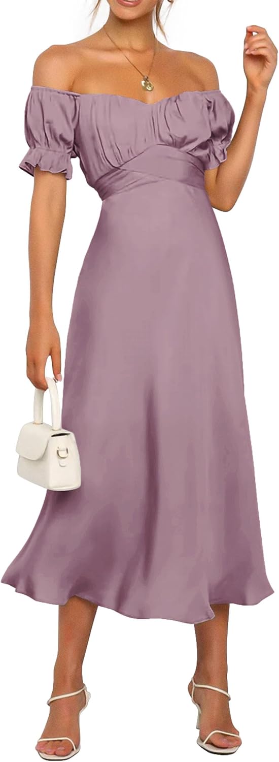 KIRUNDO Women's Satin Summer Wedding Guest Cocktail Dress | 2026 Spring Fall Party Midi Dress, Silky, Elegant Off Shoulder Short Sleeve, Ruffle Mermaid Hem, Wrap Prom Formal Outfits