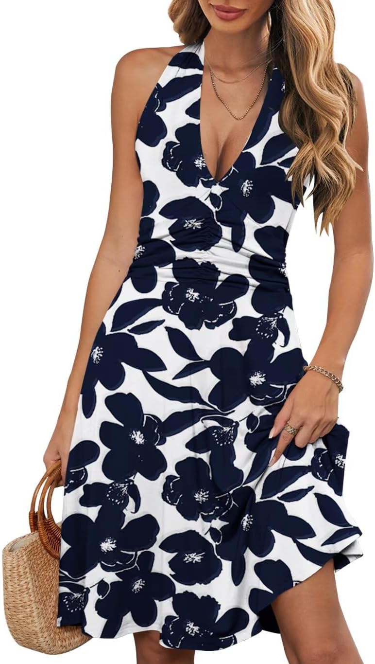 Wkior Womens Summer Halter Neck Sundress with Pocket | Sleeveless Backless Dress, Waist Ruched, Floral Boho Style, Beach Vacation Travel Outfit, Daily Casual Clothes