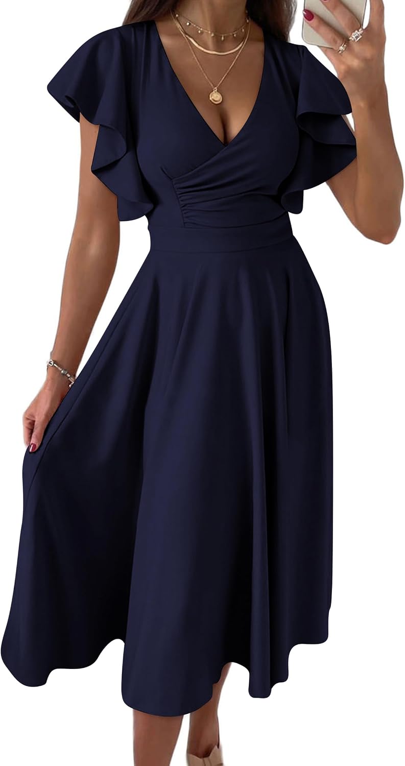 PRETTYGARDEN Women's Wrap V Neck Midi Summer Dresses | Ruffled Flutter Sleeves, Flowy Pleated A Line, High Waist, Elegant Spring Dress for Wedding Guest, Cocktail Party, Date Night