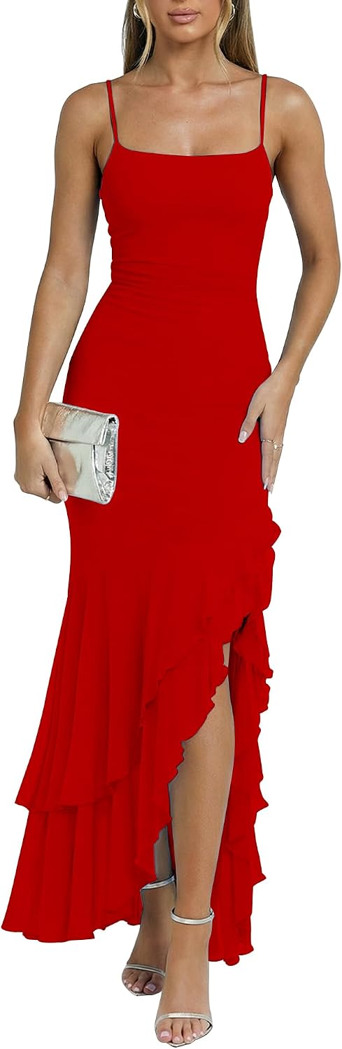 Kaximil Women's Elegant Ruffle Formal Wedding Guest Maxi Dress | Sexy Spaghetti Strap Ruched Bodycon Ruffle Mermaid Cocktail Party Dresses