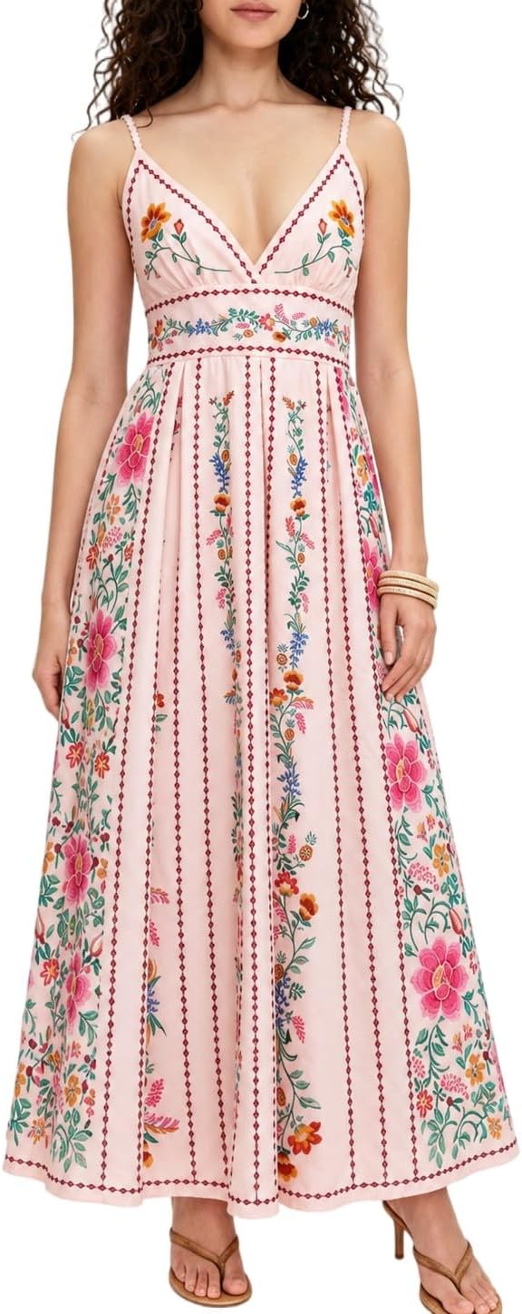 Weafmlia Women's Boho Print Dress Sleeveless Backless Halter High Waist A Line Vacation Beach Long Dress