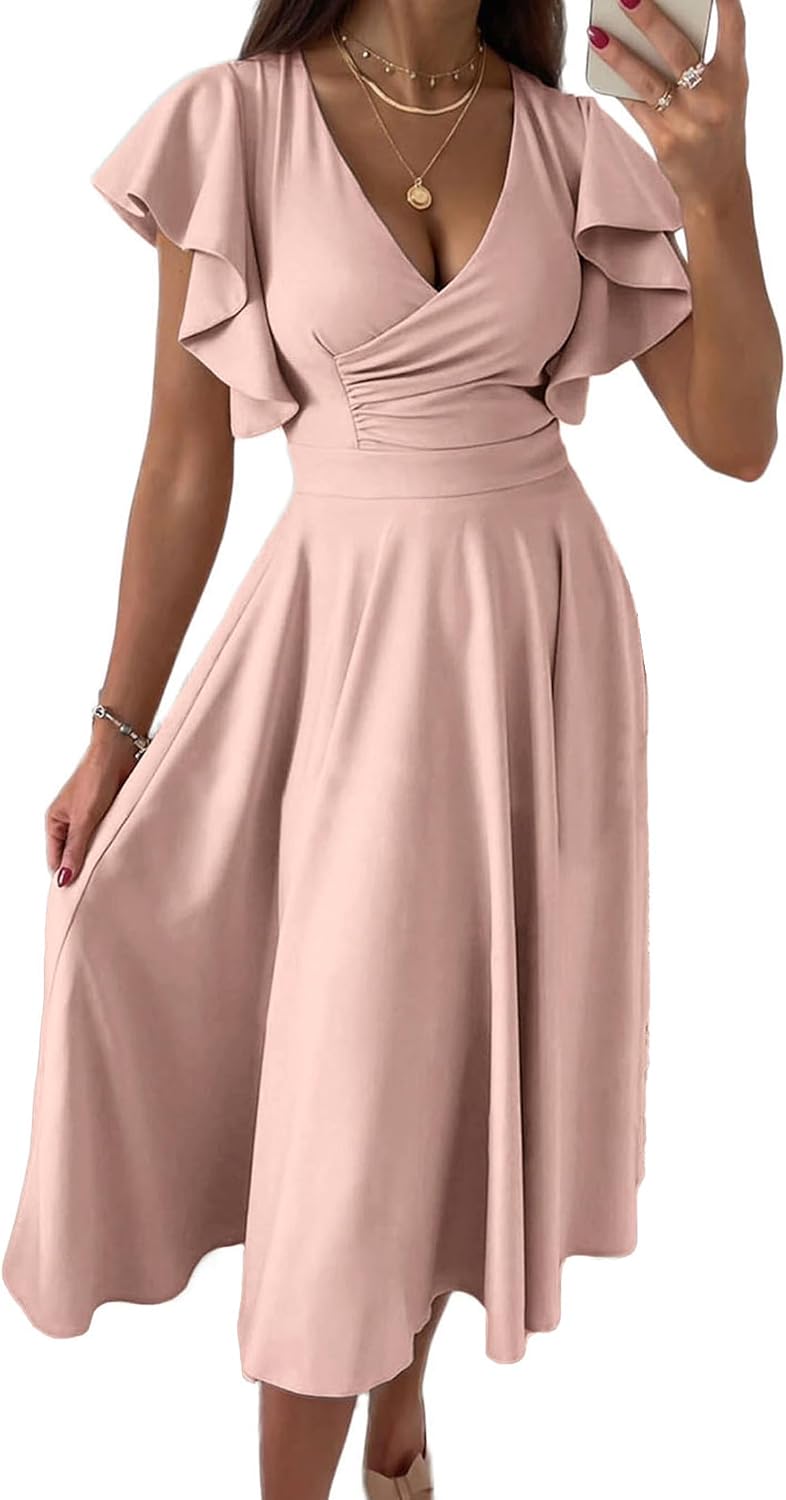 PRETTYGARDEN Women's Wrap V Neck Midi Summer Dresses | Ruffled Flutter Sleeves, Flowy Pleated A Line, High Waist, Elegant Spring Dress for Wedding Guest, Cocktail Party, Date Night