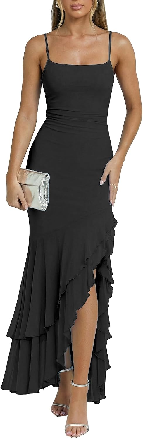 Kaximil Women's Elegant Ruffle Formal Wedding Guest Maxi Dress | Sexy Spaghetti Strap Ruched Bodycon Ruffle Mermaid Cocktail Party Dresses