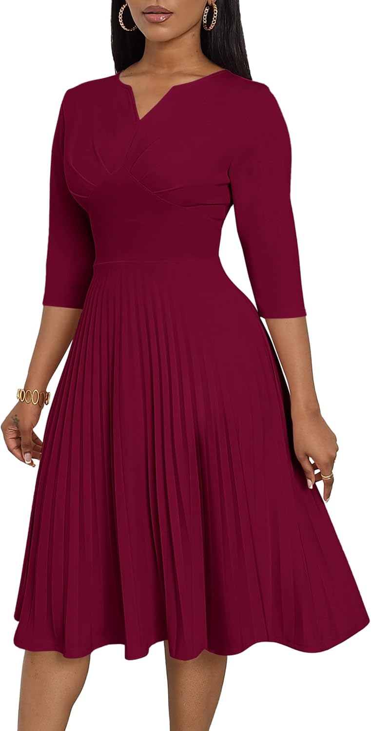CLOCOR Pleated Midi Dress 3\/4 Sleeve Empire Waist Church Dress with Pockets | V neck back zipper A line fit and flare elegant dress\/ cocktail tea party wedding guest casual bussiness work office dress