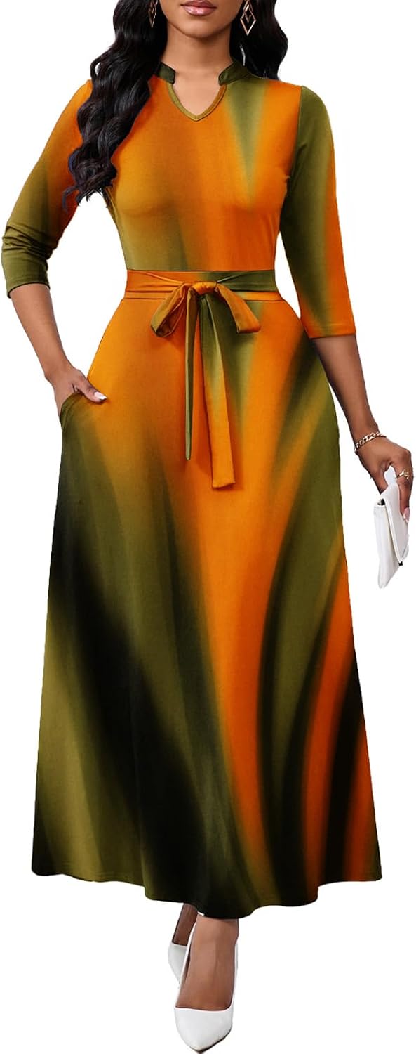 BubFee Maxi Dresses for Women Semi Formal Long Dress 3\/4 Sleeve Casual A-line Church Dresses with Pockets