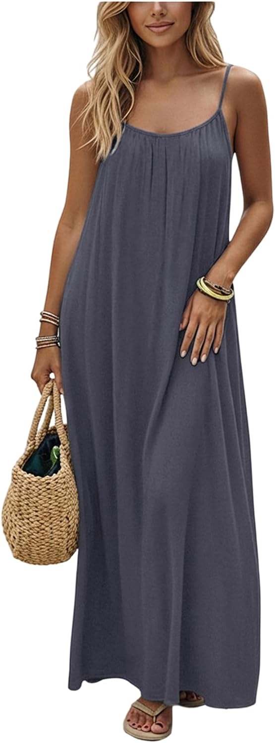 SHENHE Women's Open Back Spaghetti Strap Backless Maxi Dress Flowy Sundress | Backless Maxi Dress,Backless Cami Dress,Linen Dress.Cami Lounge Dress, House Dress
