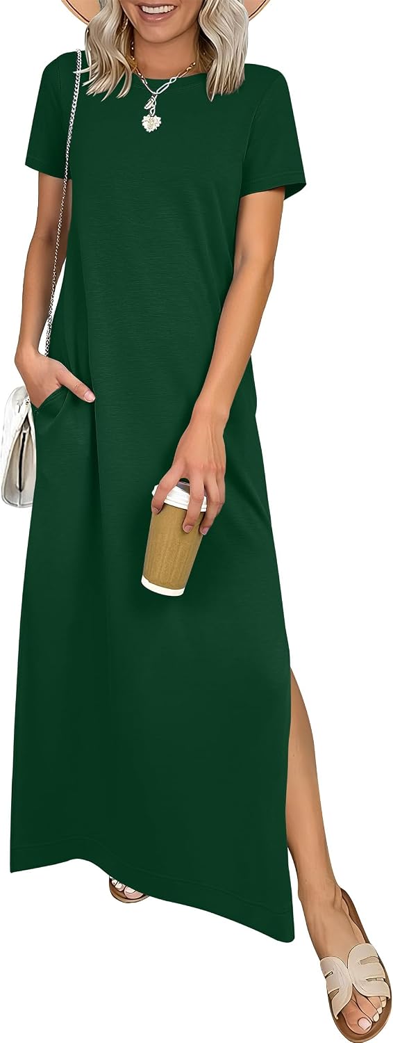 ANRABESS Womens Summer Maxi Dresses Wrinkle Free with Pockets | Air Layer Fabric, Short Sleeve Casual Travel Beach Vacation Long Dress, Crewneck Split, Comfort Work All-Day Wear Sundress