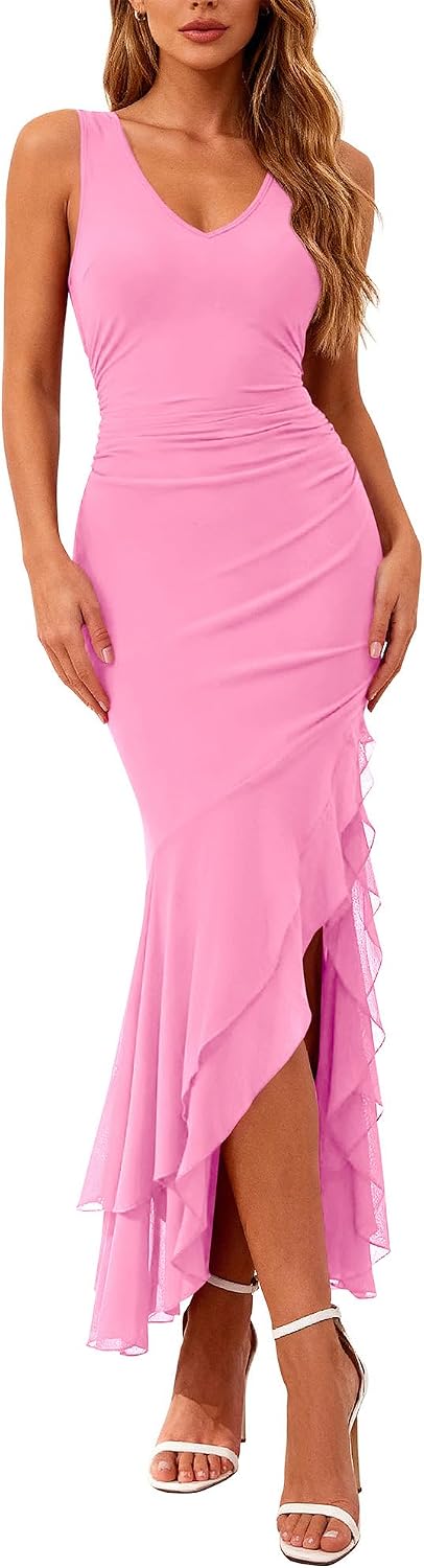 BTFBM Summer Dresses for Women 2026 Wedding Guest Dress Prom | Bodycon Ruched Sleeveless Maxi Dresses,V Neck, Solid, Cocktail Dresses,Homecoming,Party,Brides,Bridal Shower,Summer Clothes