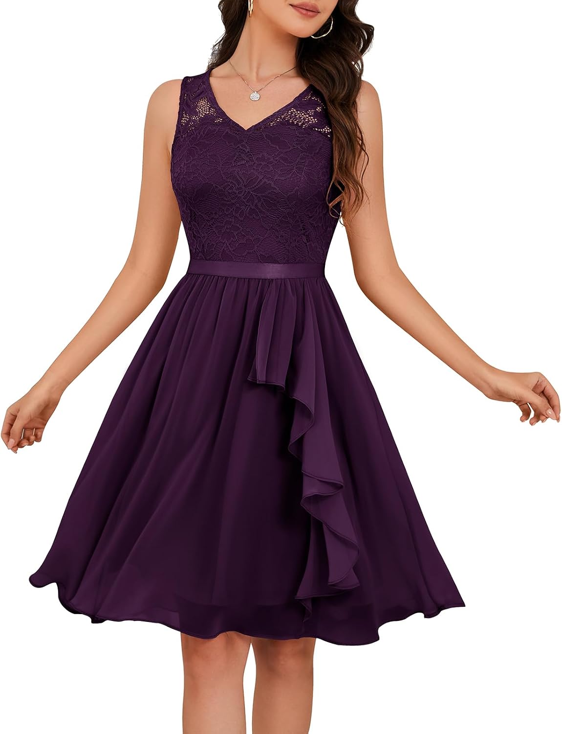 Meetjen Women's Lace Cocktail Party Dresses 2026 Formal Wedding Guest | Handkerchief Hem, V-Neck, Sleeveless, Midi, Fancy, Bridesmaid, Modest, Homecoming Dress