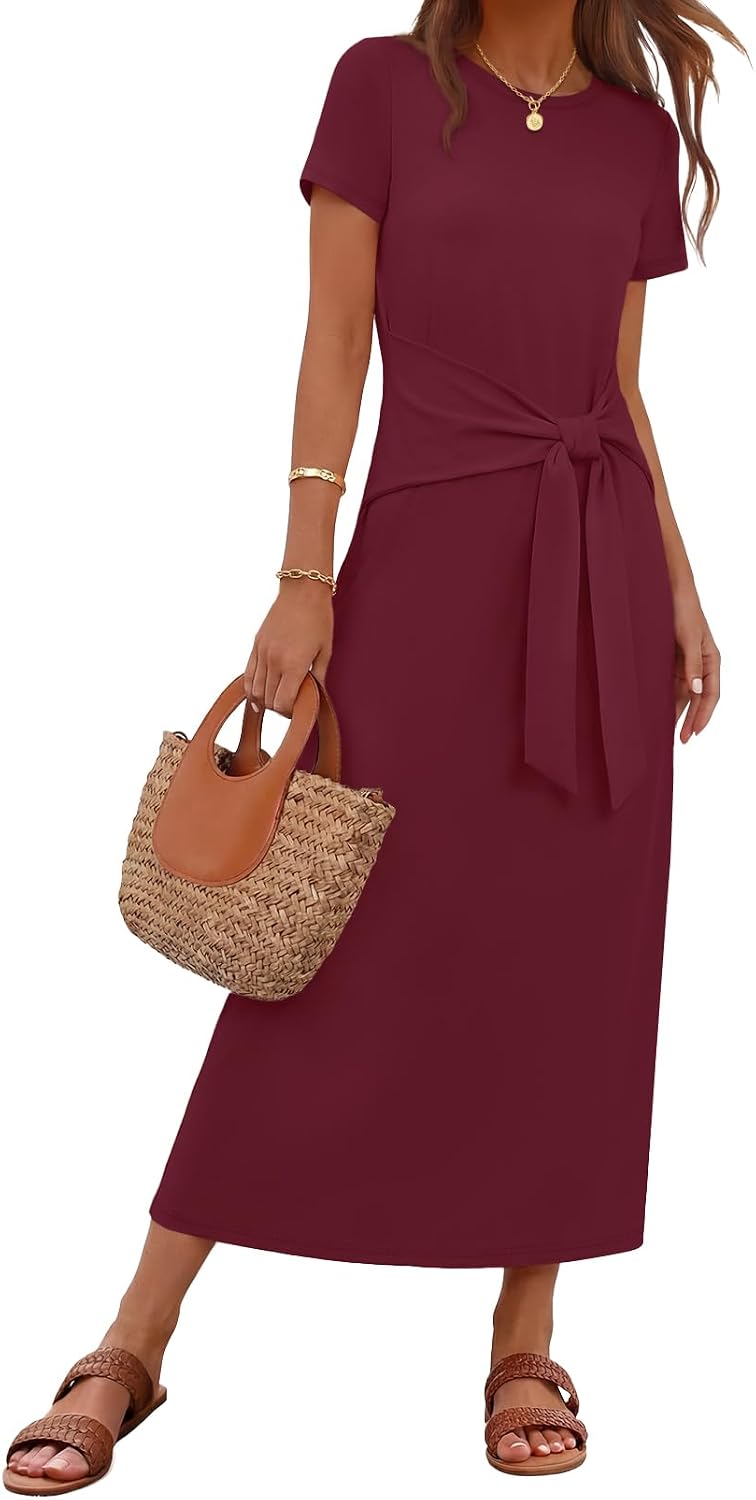 MEROKEETY Women's Summer T Shirt Casual Work Wrap Maxi Dresses | 2026 Fall, Tie Waist, Short Sleeve, Crew Neck, Business Casual, Beach Vacation, Slim Fit, High Waist, Elegant, Long Dress