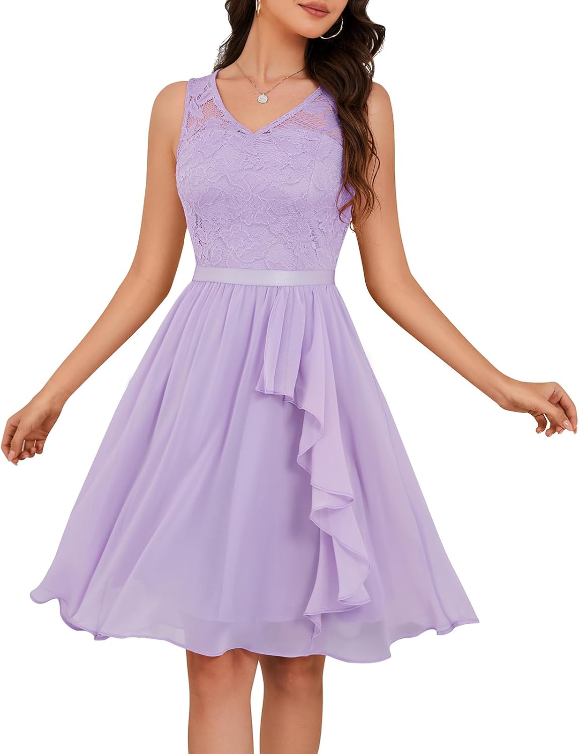 Meetjen Women's Lace Cocktail Party Dresses 2026 Formal Wedding Guest | Handkerchief Hem, V-Neck, Sleeveless, Midi, Fancy, Bridesmaid, Modest, Homecoming Dress