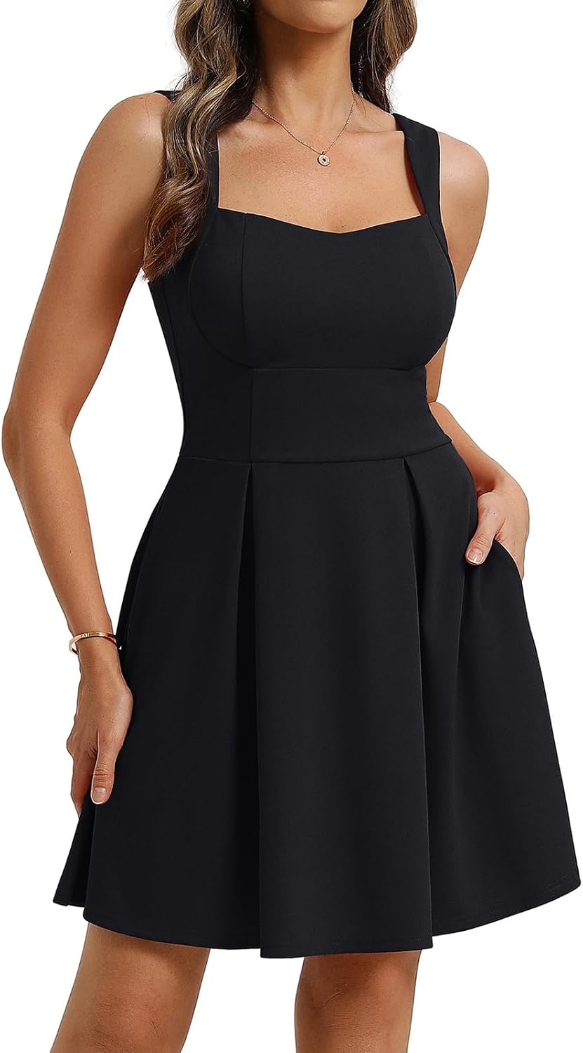 Belle Poque Women's Square Neck A Line Mini Dress with Pockets | Short Cocktail Homecoming Dresses, Semi Formal, Sleeveless, Adjustable Straps, Party, Club, Hoco, Grad, Graduation Dress