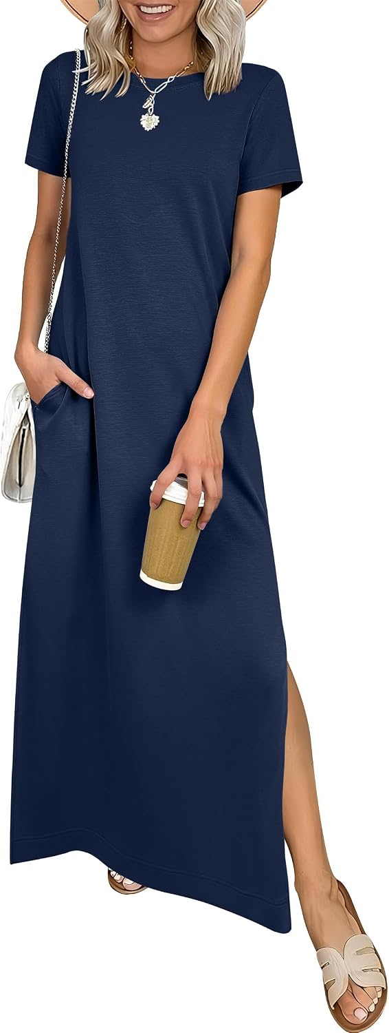 ANRABESS Womens Summer Maxi Dresses Wrinkle Free with Pockets | Air Layer Fabric, Short Sleeve Casual Travel Beach Vacation Long Dress, Crewneck Split, Comfort Work All-Day Wear Sundress