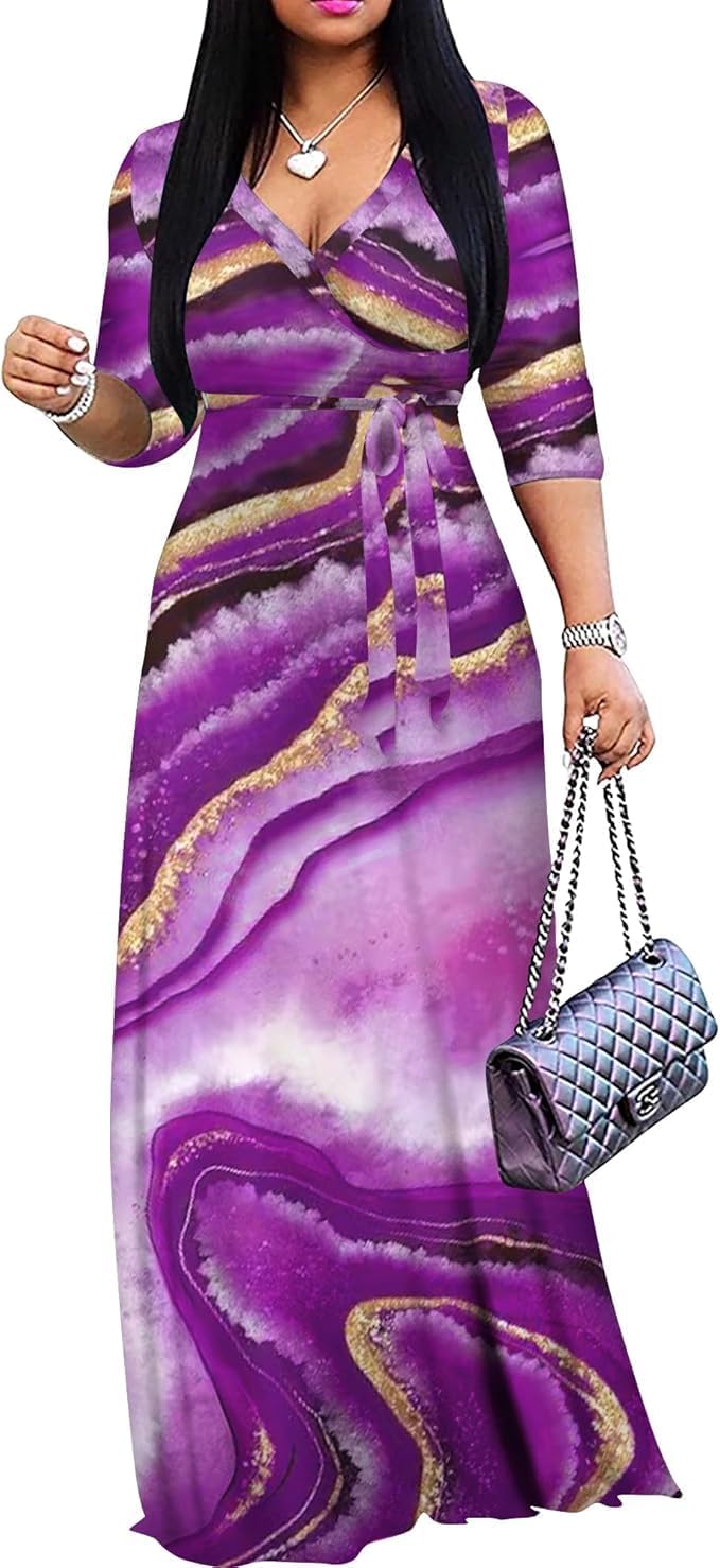 FANDEE Plus Size Maxi Dress for Women - Summer Long Dresses Casual | Women's Curvy Fit Long Dress, Semi\u2011Formal Print Fitted Wrap Dress with Pockets & Belt, 3\/4-Sleeve V-Neck