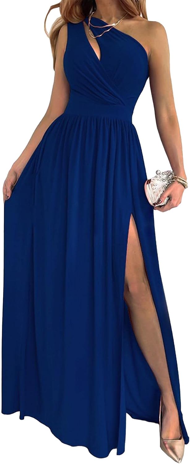ECDAHICC Women's Sexy One Shoulder Cutout Pleated Maxi Dress Sleeveless High Slit Formal Evening Party Bridesmaid Dresses