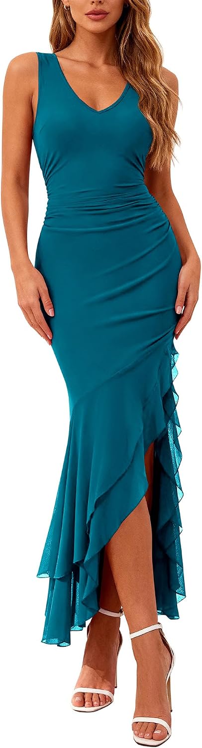 BTFBM Summer Dresses for Women 2026 Wedding Guest Dress Prom | Bodycon Ruched Sleeveless Maxi Dresses,V Neck, Solid, Cocktail Dresses,Homecoming,Party,Brides,Bridal Shower,Summer Clothes