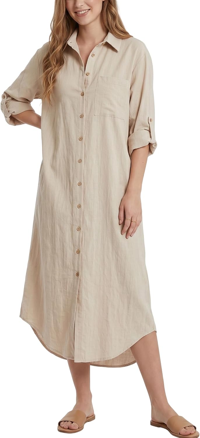 Kuraki Women's Casual Print Button Front Maxi Shirt Dress