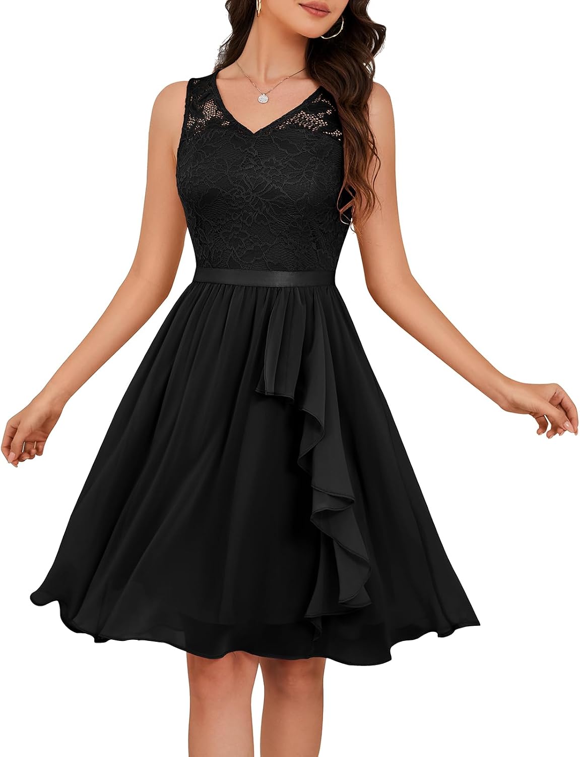 Meetjen Women's Lace Cocktail Party Dresses 2026 Formal Wedding Guest | Handkerchief Hem, V-Neck, Sleeveless, Midi, Fancy, Bridesmaid, Modest, Homecoming Dress