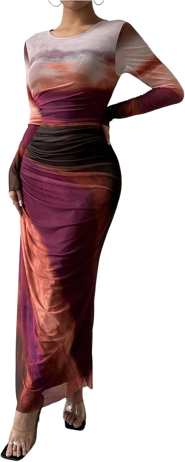 BEAUDRM Women's Fall Wedding Guest Dress Long Sleeve Cocktail Date Night Sexy Y2K Bodycon Ruched Mesh Formal Maxi Dresses