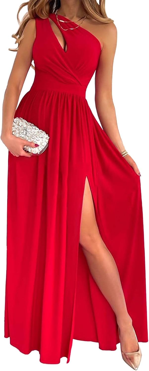 ECDAHICC Women's Sexy One Shoulder Cutout Pleated Maxi Dress Sleeveless High Slit Formal Evening Party Bridesmaid Dresses