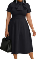 FANDEE Midi Dress for Women Casual Short Sleeve A-line Semi Formal Fit and Flare Dress Classy Tie Neck Work Business Dresses