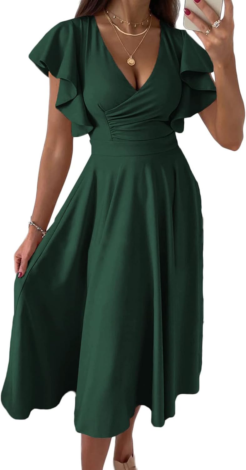 PRETTYGARDEN Women's Wrap V Neck Midi Summer Dresses | Ruffled Flutter Sleeves, Flowy Pleated A Line, High Waist, Elegant Spring Dress for Wedding Guest, Cocktail Party, Date Night