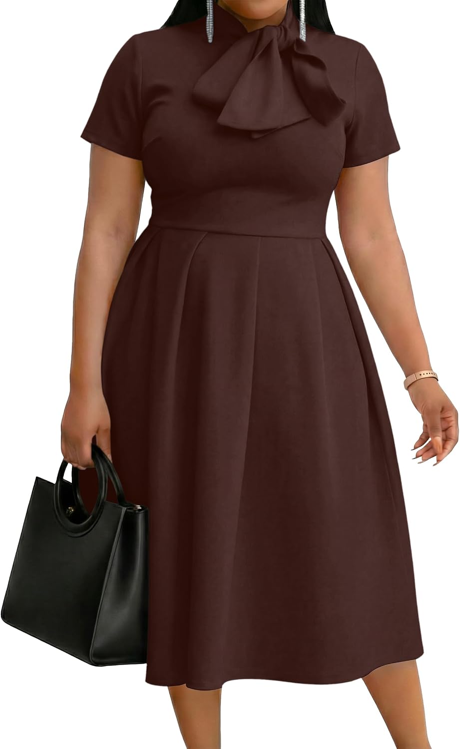 FANDEE Midi Dress for Women Casual Short Sleeve A-line Semi Formal Fit and Flare Dress Classy Tie Neck Work Business Dresses
